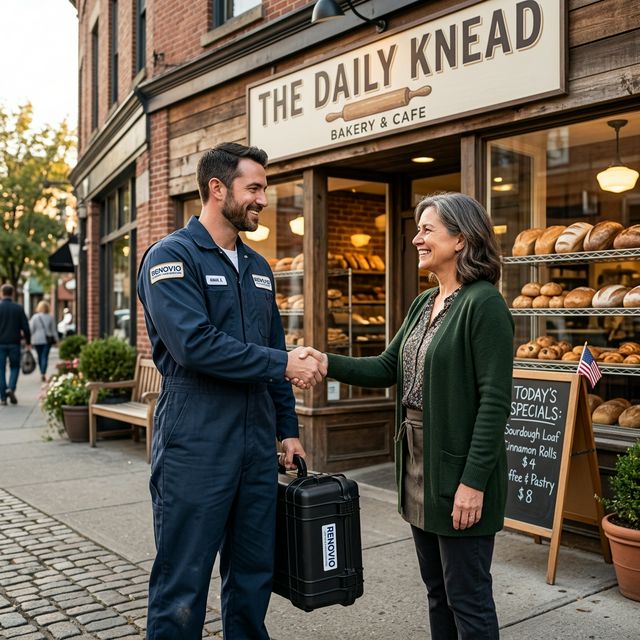 Remediation technician greeting local business owner
