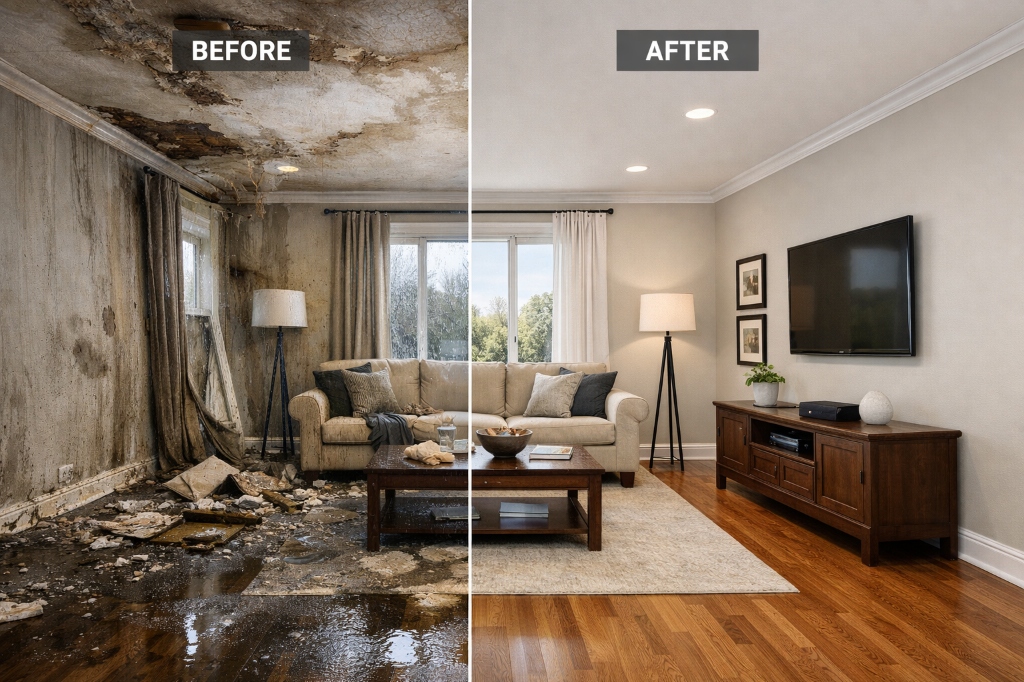 Before and after storm damage restoration: fully rebuilt property