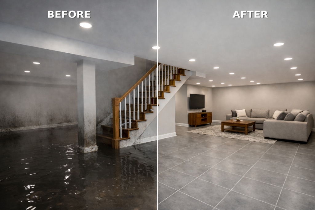 Professional water damage restoration — residential living room after expert cleanup and drying